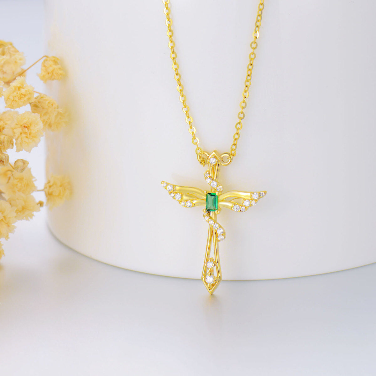 14K Gold Princess-square Shaped Emerald Angel Wing & Cross Pendant Necklace-4