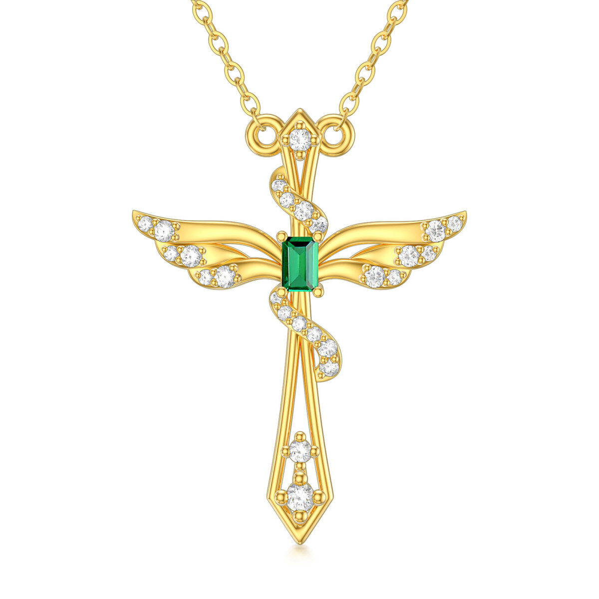 14K Gold Princess-square Shaped Emerald Angel Wing & Cross Pendant Necklace-1