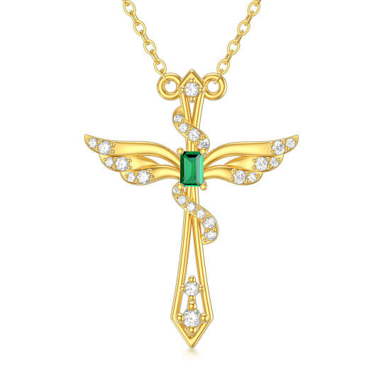 14K Gold Zircon and Emerald Angel Wings and Cross Charm Pendants Necklace