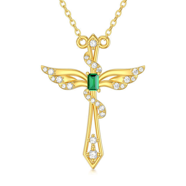 14K Gold Princess-square Shaped Emerald Angel Wing & Cross Pendant Necklace-0