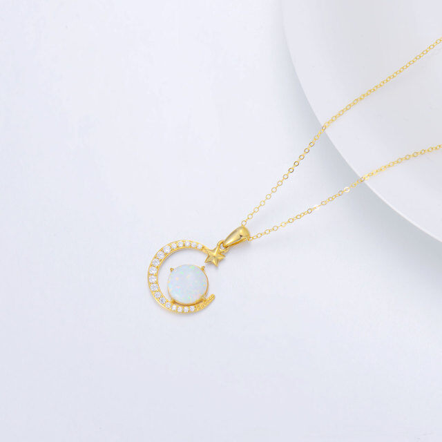 14K Gold Round Cubic Zirconia & Opal Moon & Pentagram Pendant Necklace-2