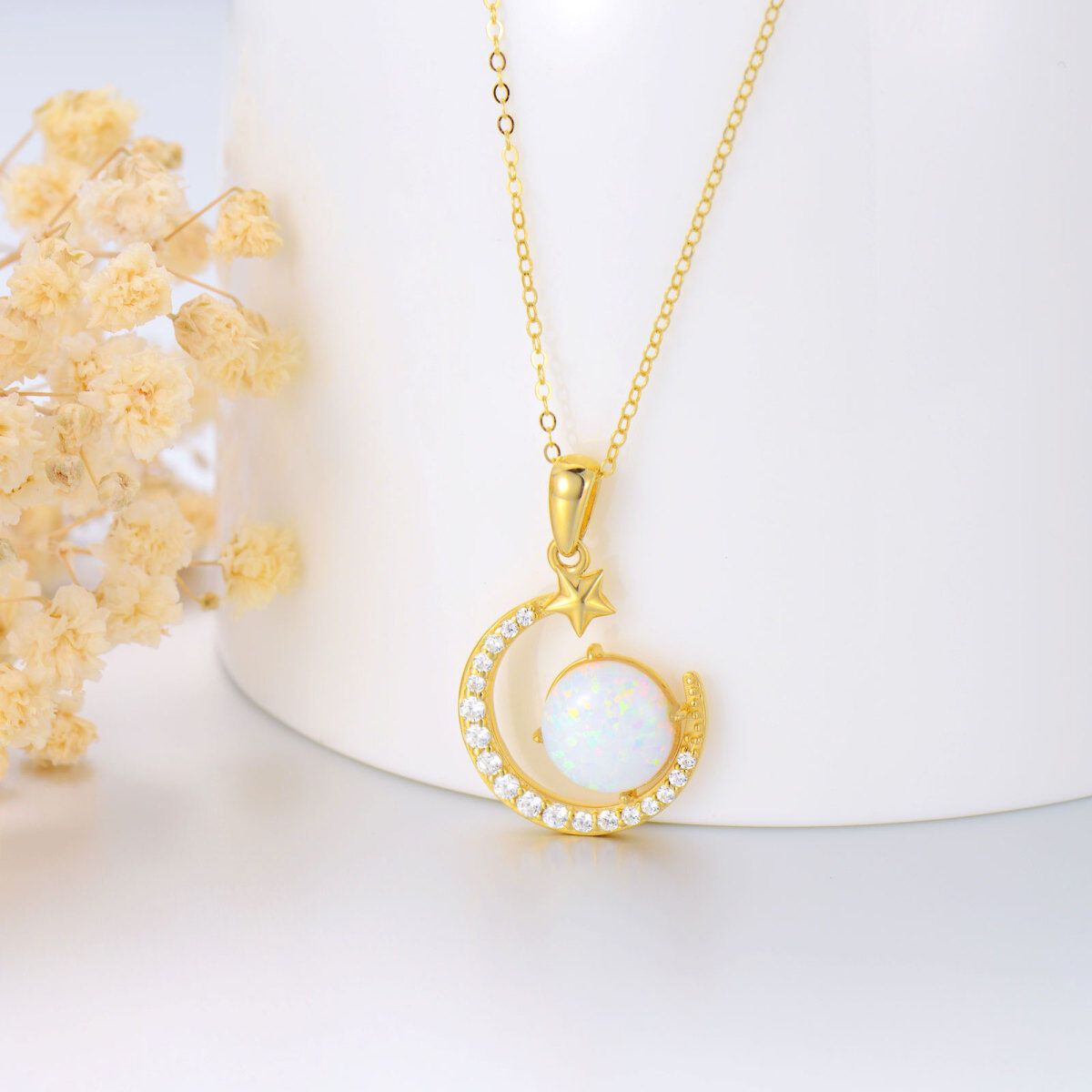 14K Gold Round Cubic Zirconia & Opal Moon & Pentagram Pendant Necklace-4