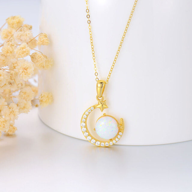 14K Gold Round Cubic Zirconia & Opal Moon & Pentagram Pendant Necklace-3