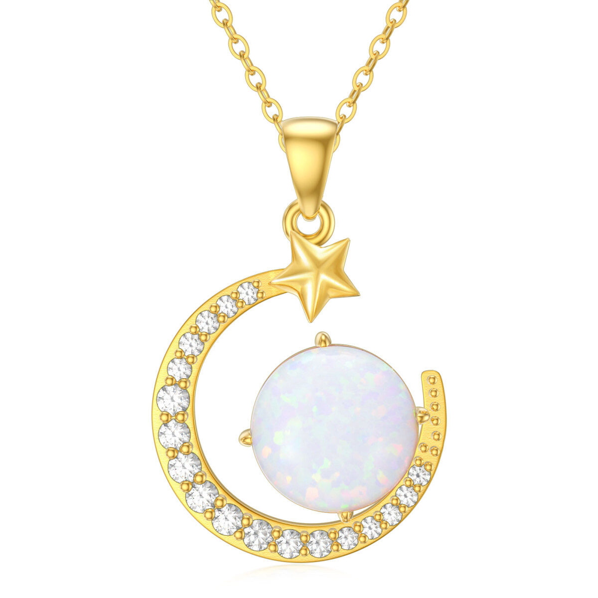 14K Gold Round Cubic Zirconia & Opal Moon & Pentagram Pendant Necklace-1