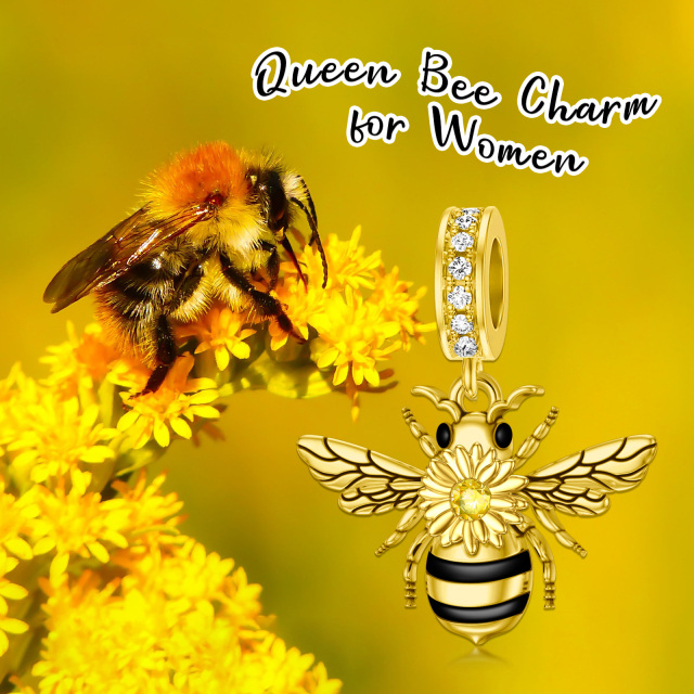 Sterling Silver with Yellow Gold Plated Cubic Zirconia Bees Pendant Charms-4