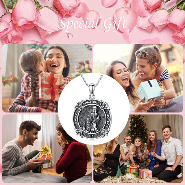 Sterling Silver Saint Christopher Pendant Necklace with Engraved Word-2