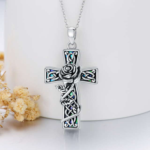 Sterling Silver Abalone Shellfish Rose & Cross Pendant Necklace-2