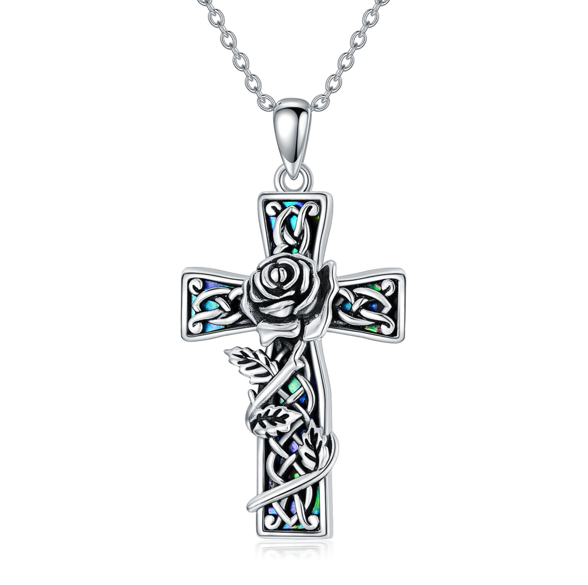 Sterling Silver Abalone Shellfish Rose & Cross Pendant Necklace-1