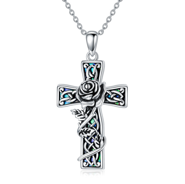 Sterling Silver Abalone Shellfish Rose & Cross Pendant Necklace-0