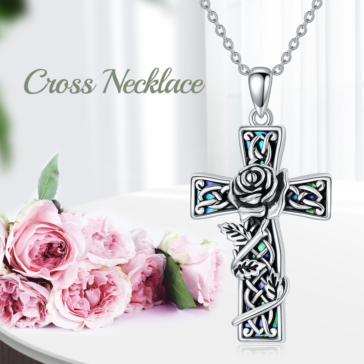 Sterling Silver Abalone Shellfish Rose & Cross Pendant Necklace-6