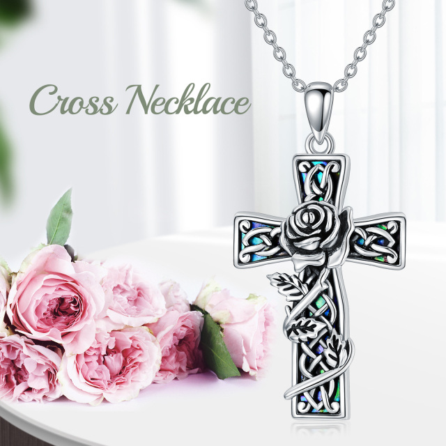Sterling Silver Abalone Shellfish Rose & Cross Pendant Necklace-5