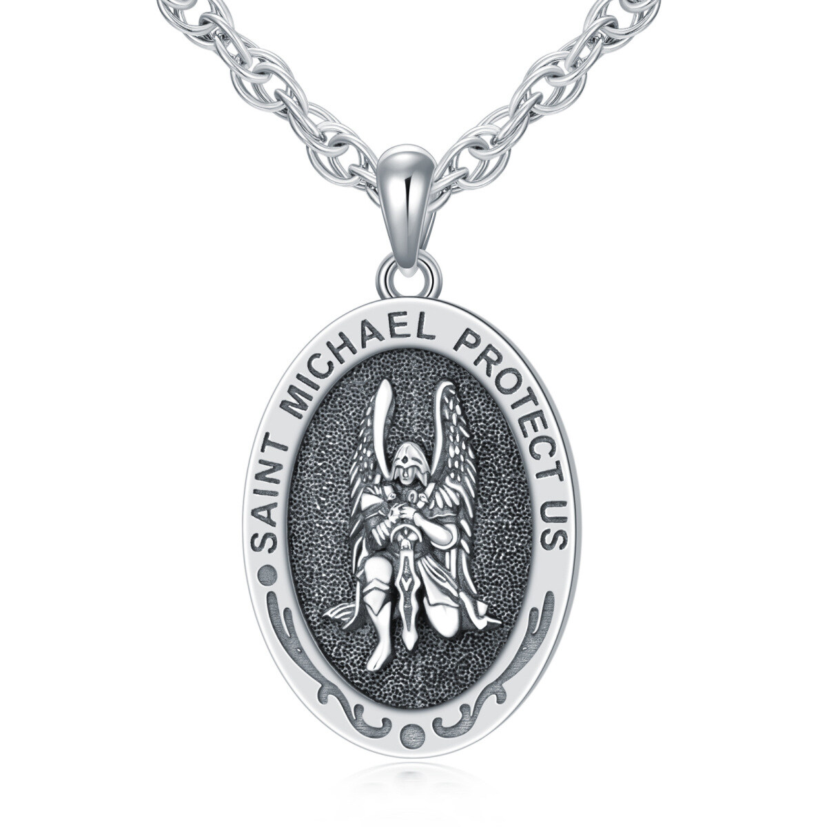 Sterling Silver Sitting Saint Michael Pendant Necklace with Engraved Word for Men-1