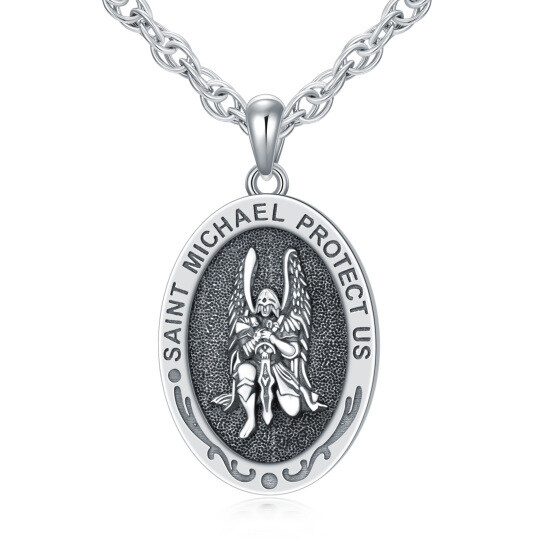 Sterling Silver Sitting Saint Michael Pendant Necklace with Engraved Word for Men