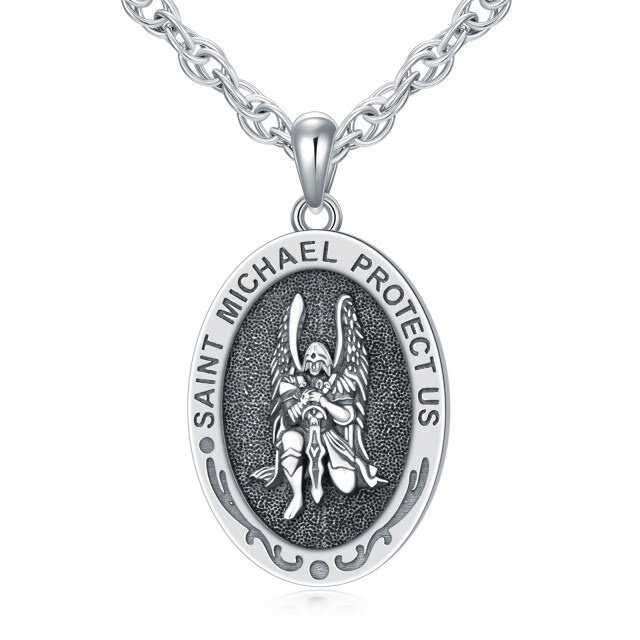 Colar de prata esterlina com pingente de São Miguel sentado e palavra gravada para homem-0