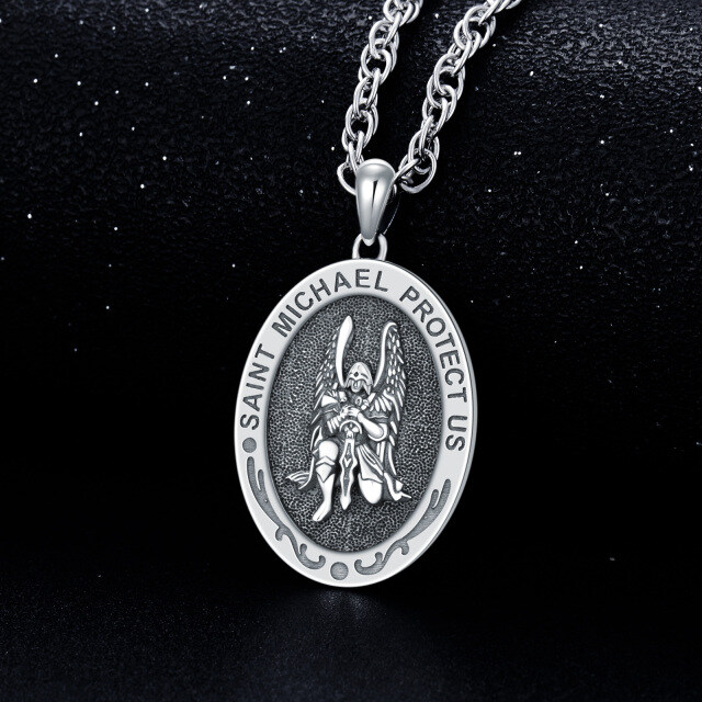 Sterling Silver Sitting Saint Michael Pendant Necklace with Engraved Word for Men-2