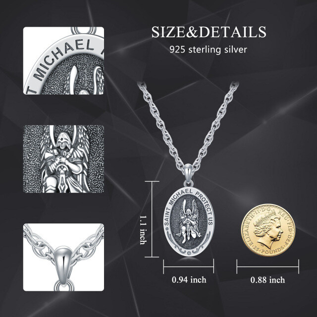 Sterling Silver Sitting Saint Michael Pendant Necklace with Engraved Word for Men-4