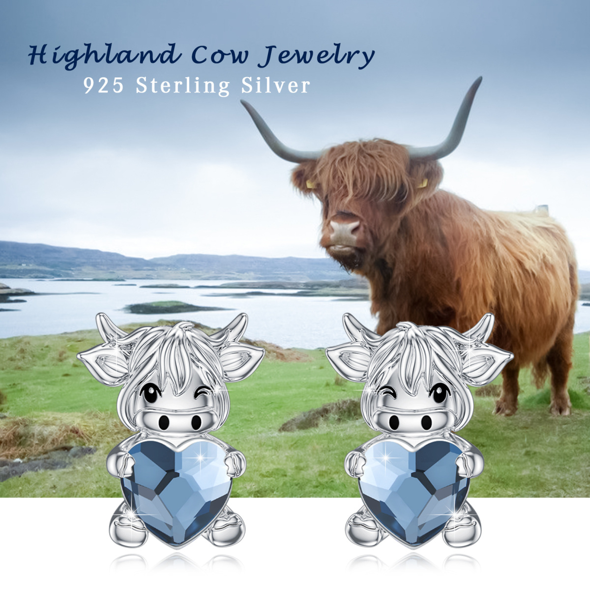 Sterling Silver Crystal Highland Cow Stud Earrings-5