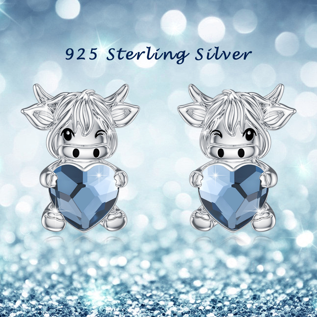 Sterling Silver Crystal Highland Cow Stud Earrings-7