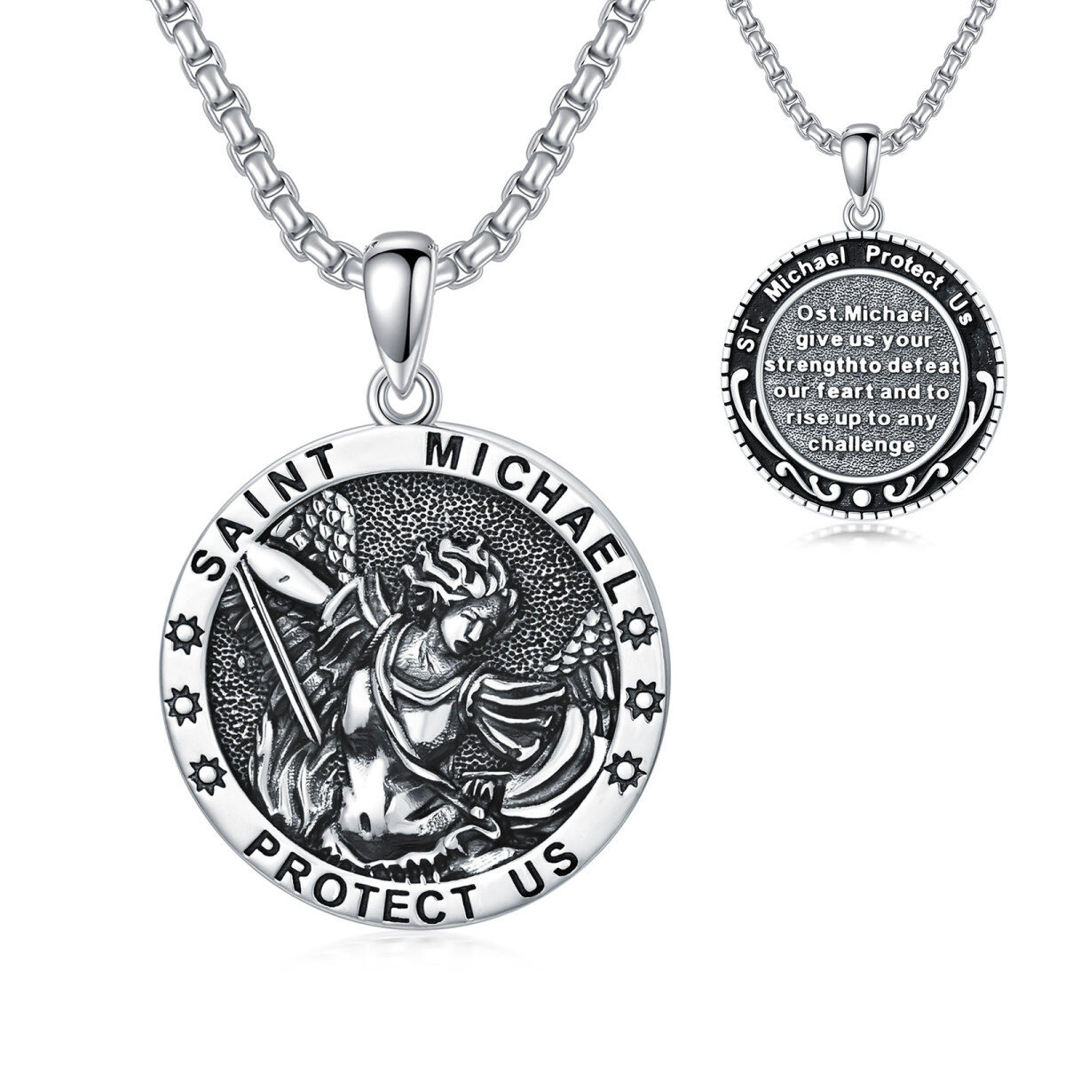 Sterling Silver Saint Michael Pendant Necklace with Engraved Word for Men-1