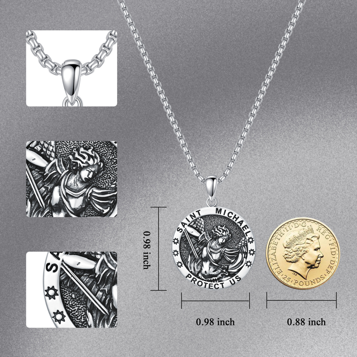 Sterling Silver Saint Michael Pendant Necklace with Engraved Word for Men-6