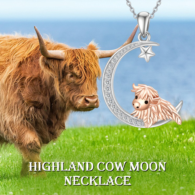 Sterling Silver Two-tone Cubic Zirconia Highland Cow & Moon Pendant Necklace-2
