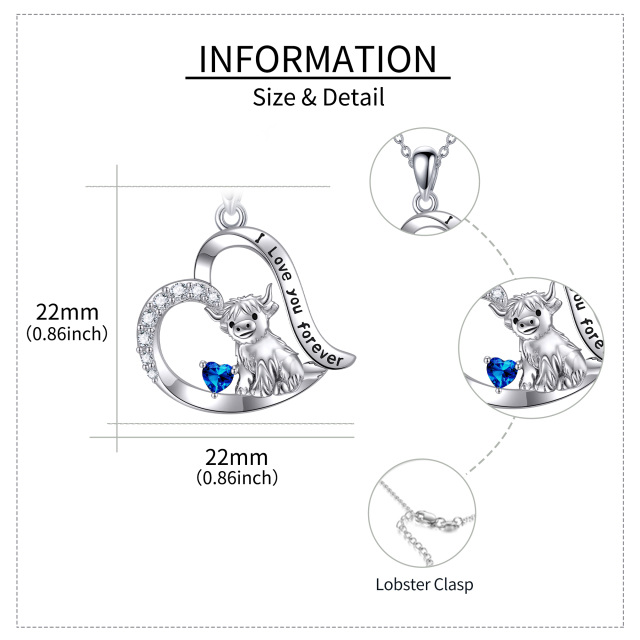 Sterling Silber Blau Cubic Zirkonia Highland Cow & Herz Anhänger Halskette mit eingraviertem Wort-5