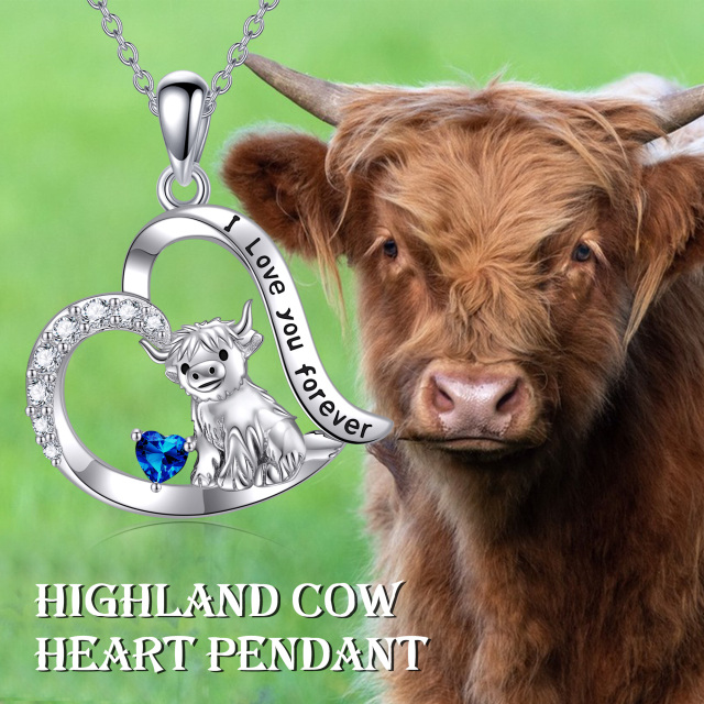 Collar de plata de ley con circonita cúbica azul. vaca de las tierras altas y colgante de corazón con palabra grabada-2