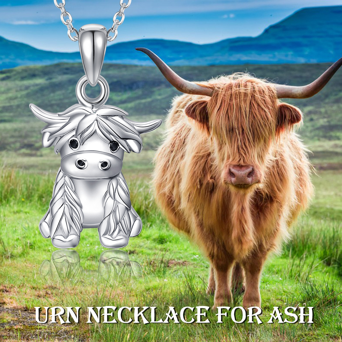 Sterling Silver Highland Cow Urn Necklace for Ashes-6