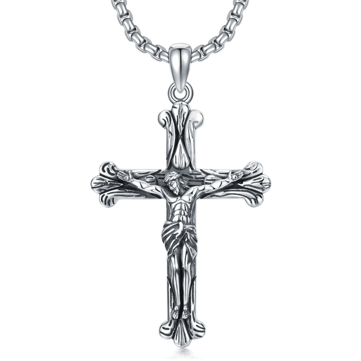 Sterling Silver Textured Cross with Jesus Pendant Necklace for Men-1