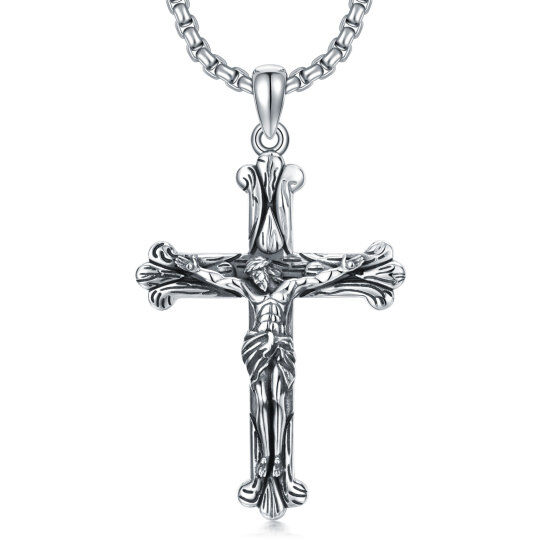 Collier en argent sterling avec pendentif croix texturée et Jésus pour hommes