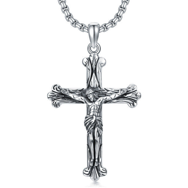 Cruz de prata esterlina texturizada com pingente de Jesus Colar para homens-1