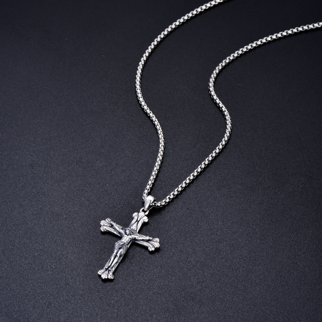 Sterling Silver Textured Cross with Jesus Pendant Necklace for Men-4