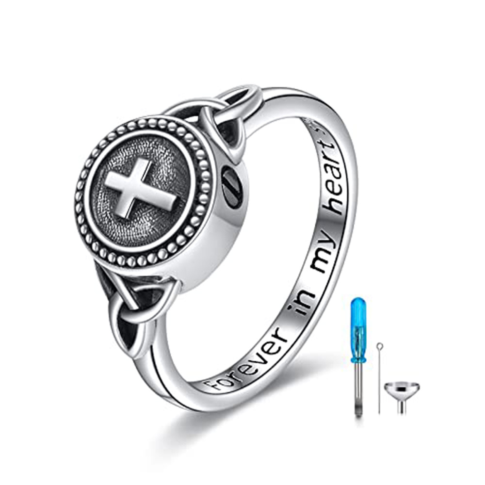 Sterling Silver Cross Urn Ring with Engraved Word-1