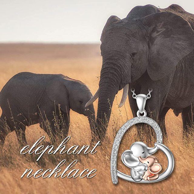 Sterling Silver Two-tone Cubic Zirconia Elephant & Heart Pendant Necklace-3