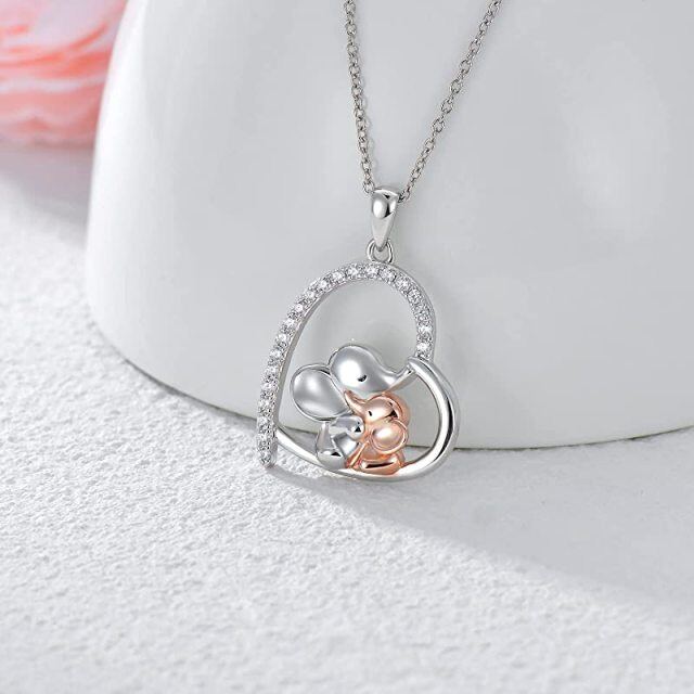 Sterling Silver Two-tone Cubic Zirconia Elephant & Heart Pendant Necklace-2