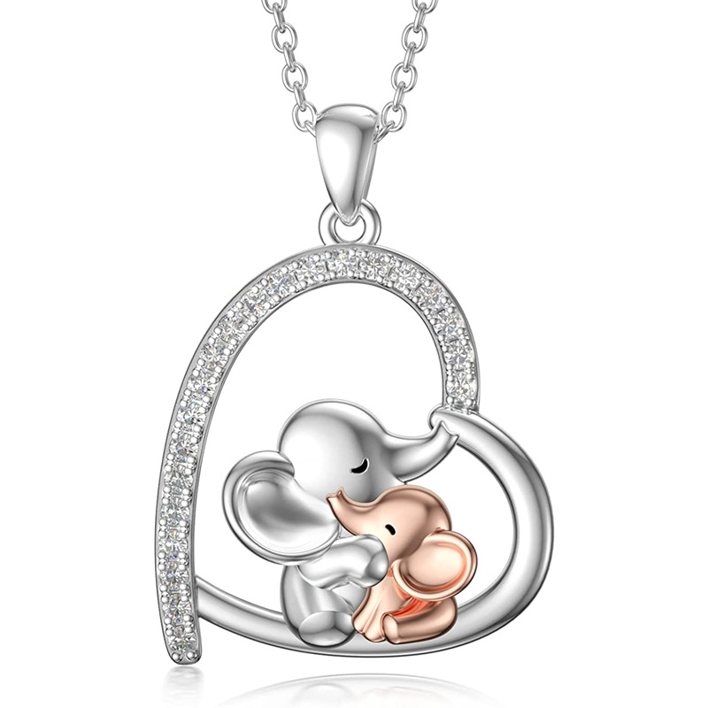 Sterling Silver Two-tone Cubic Zirconia Elephant & Heart Pendant Necklace-1