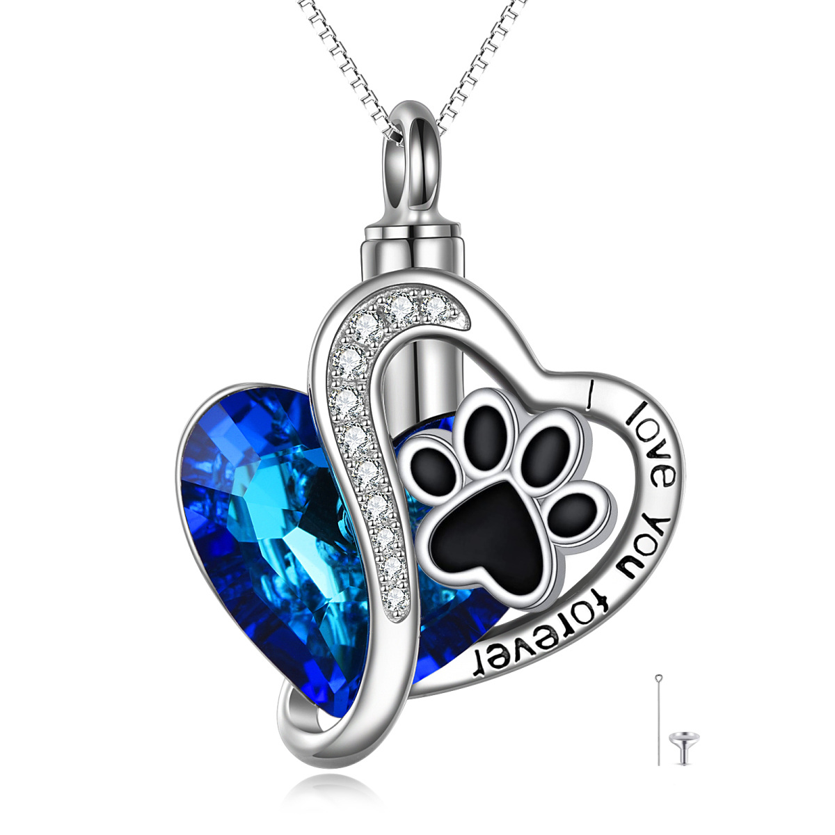 Sterling Silver Crystal Paw & Heart Urn Necklace for Ashes-1