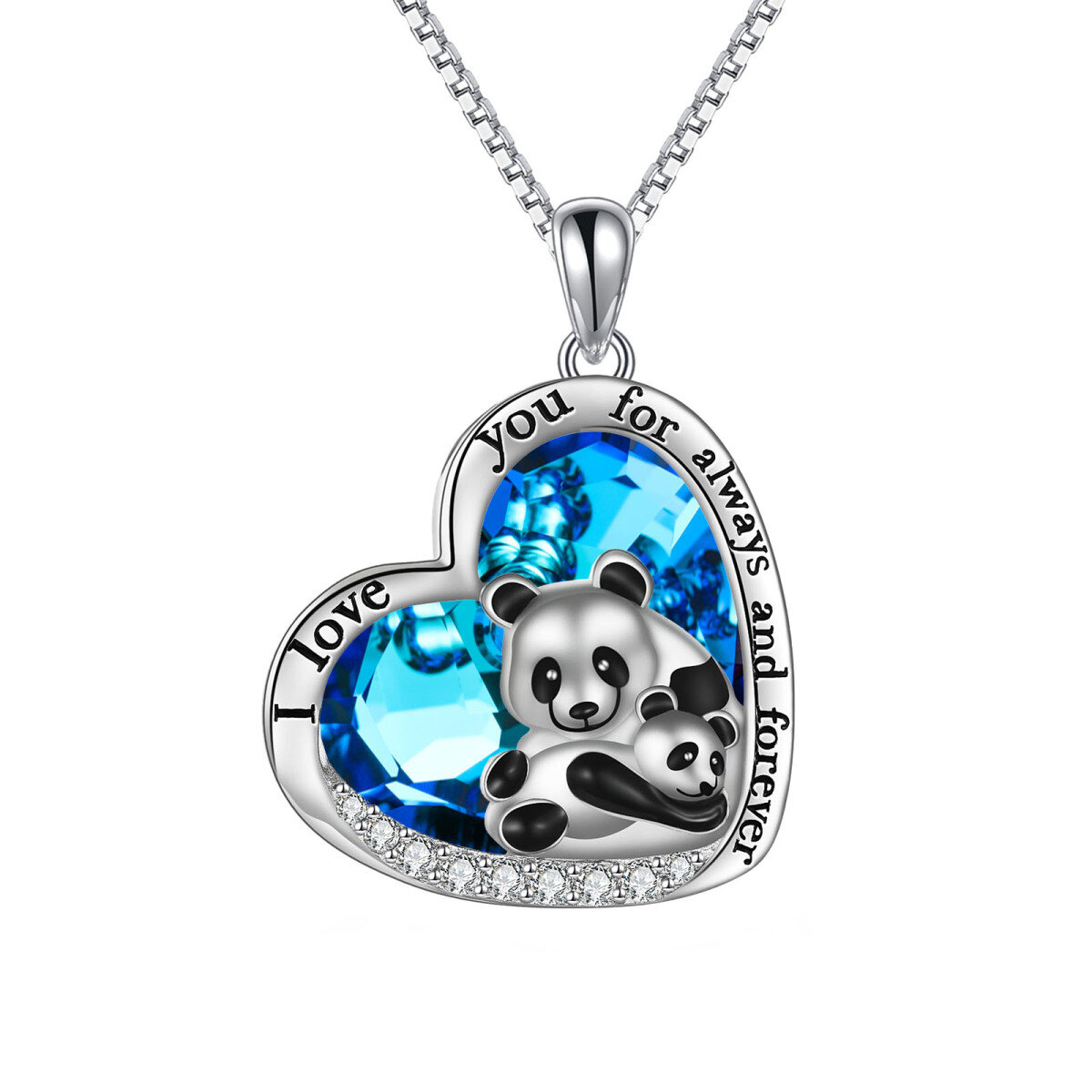 Sterling Silver Heart Shaped Panda & Heart Crystal Pendant Necklace with Engraved Word-1