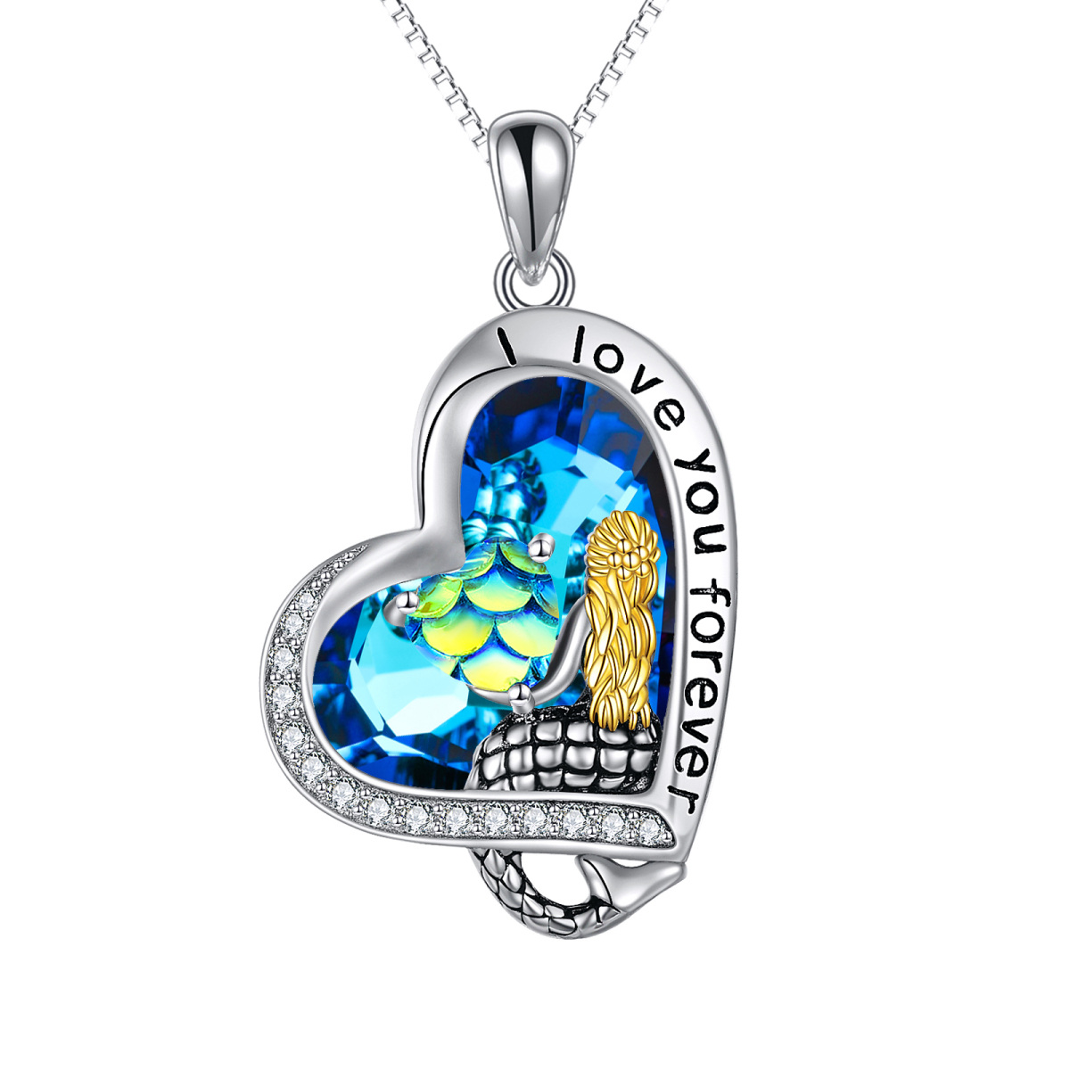 Sterling Silver Two-tone Heart Crystal Mermaid Tail & Heart Pendant Necklace with Engraved Word-1