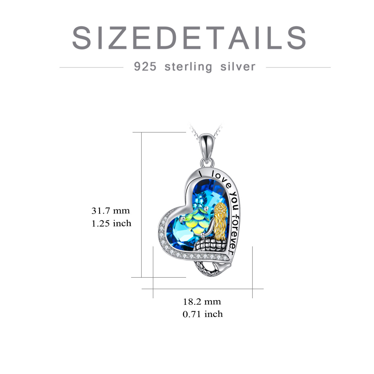 Sterling Silber zweifarbig Herz Kristall Meerjungfrau Schwanz & Herz Anhänger Halskette mi-5