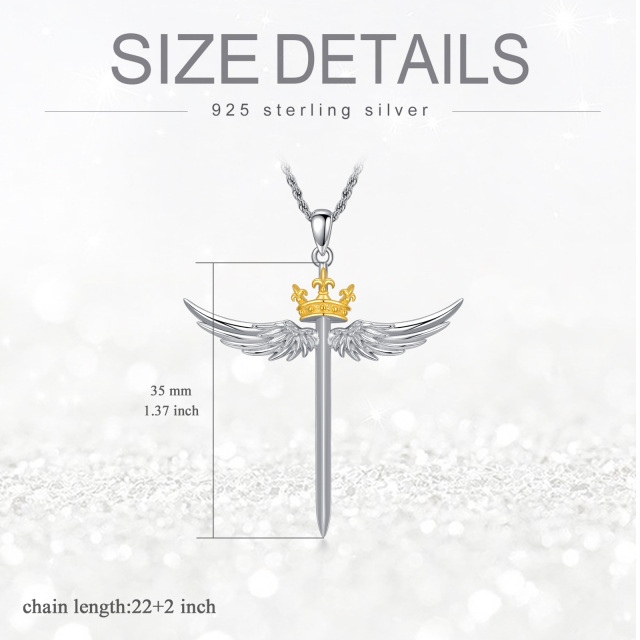 Sterling Silver Two-tone Angel Wing & Cross & Crown Pendant Necklace-4