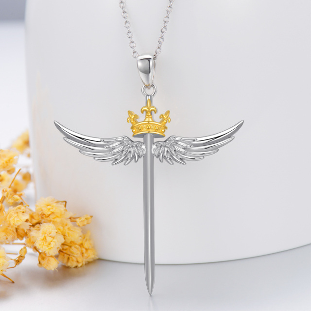Sterling Silver Two-tone Angel Wing & Cross & Crown Pendant Necklace-2