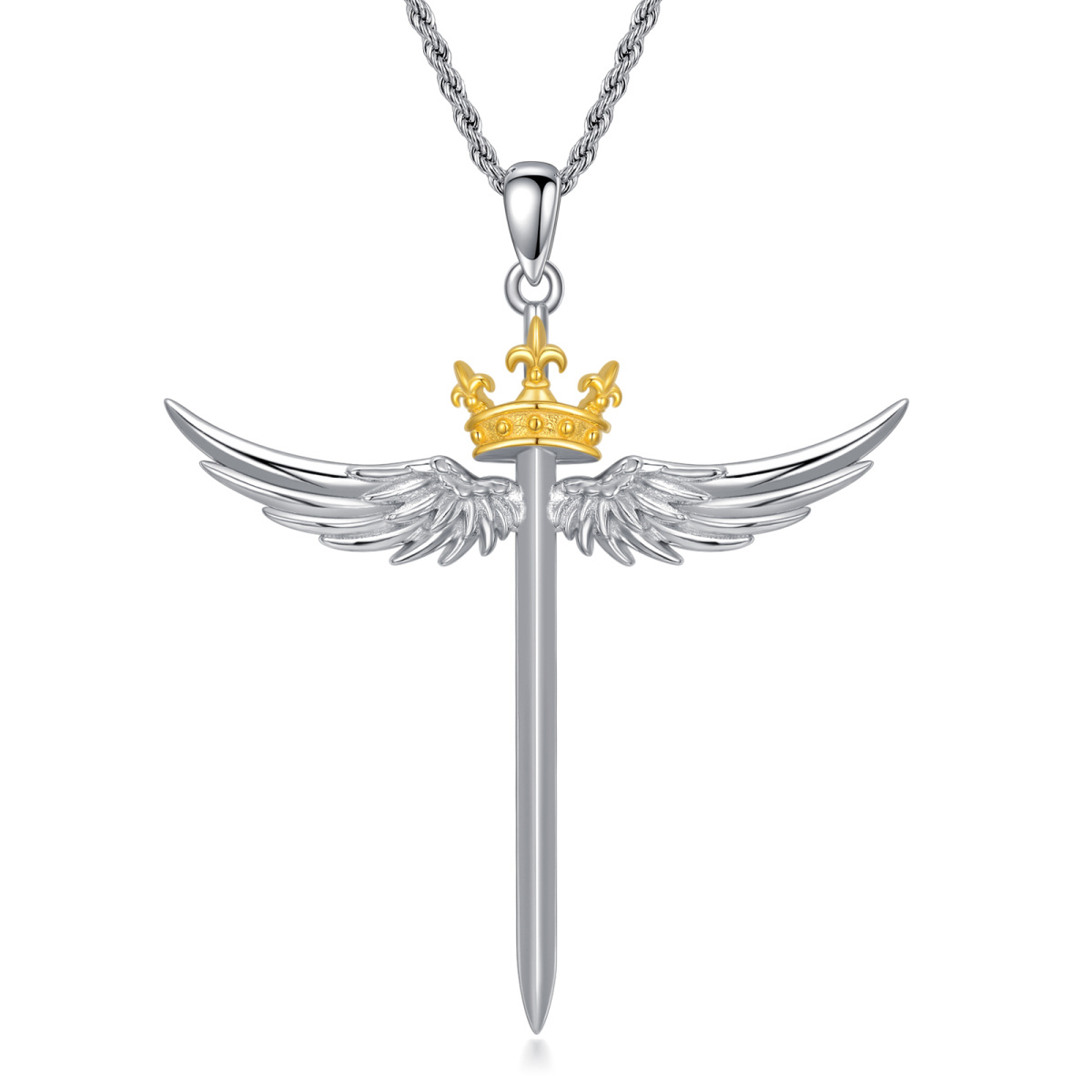 Sterling Silver Two-tone Angel Wing & Cross & Crown Pendant Necklace-1