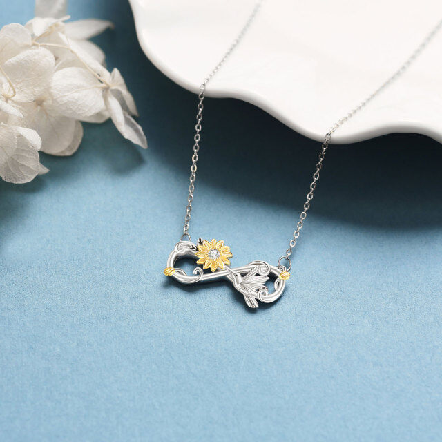 Sterling Silver Two-tone Round Zircon Hummingbird & Sunflower Pendant Necklace-2
