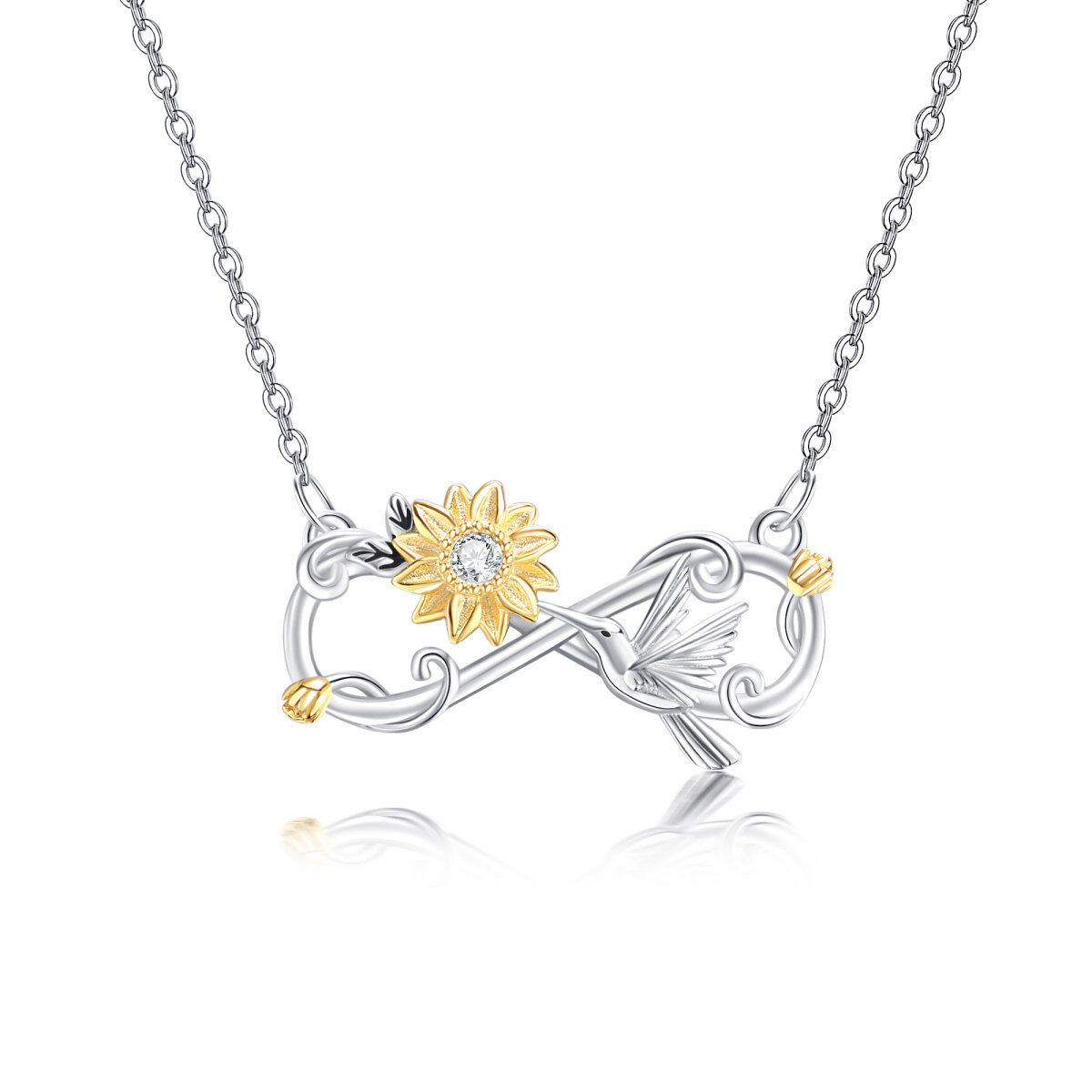 Sterling Silver Two-tone Round Zircon Hummingbird & Sunflower Pendant Necklace-1