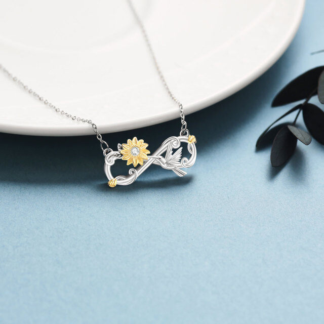 Sterling Silver Two-tone Round Zircon Hummingbird & Sunflower Pendant Necklace-3