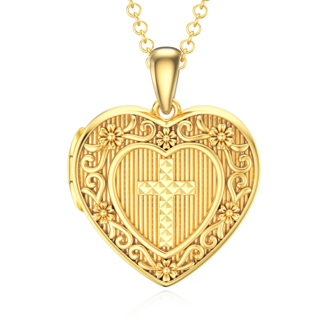 Colar medalhão fotográfico personalizado com cruz e coração em ouro 10K-0