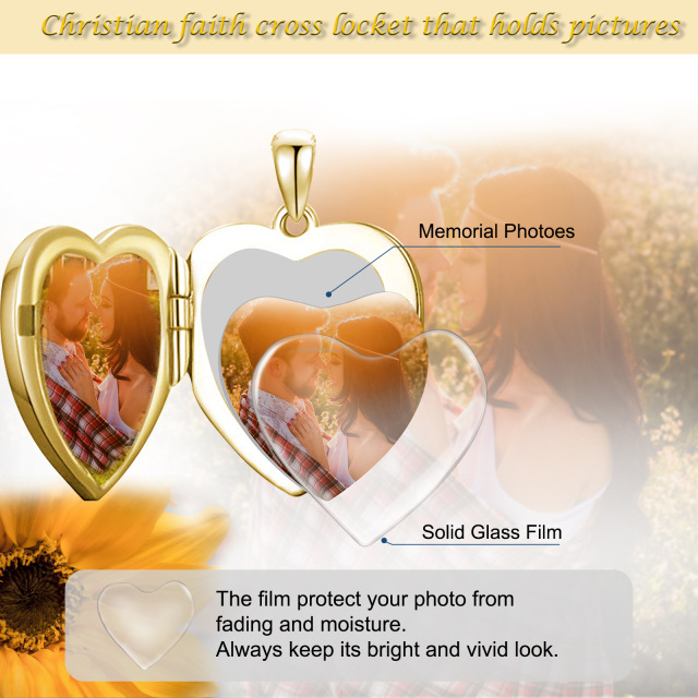 10K Gold Cross & Heart Personalized Photo Locket Necklace-4