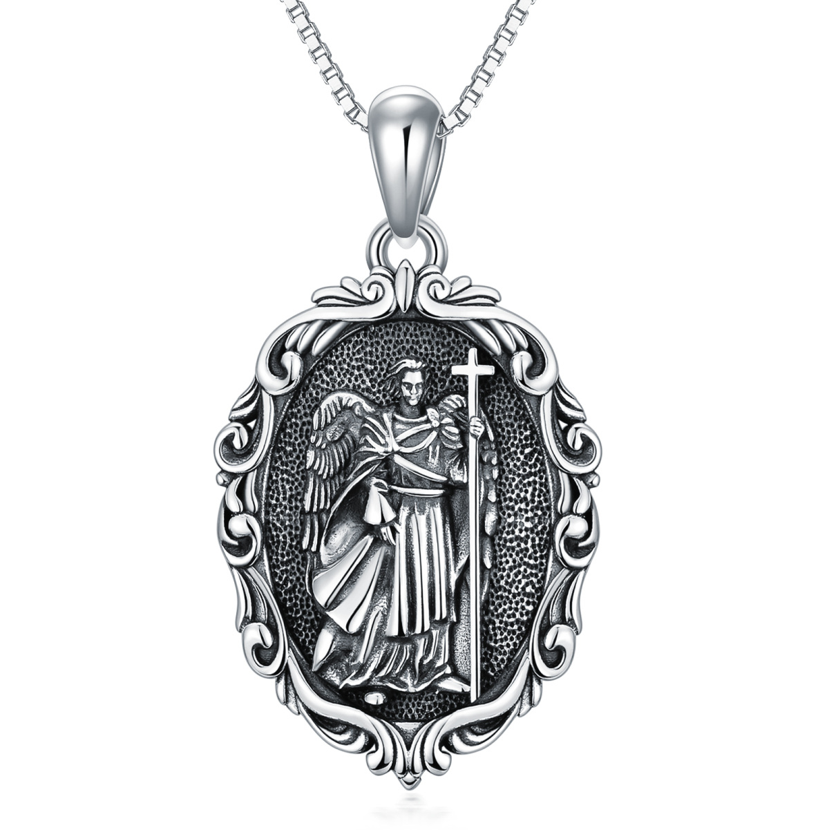 Sterling Silver Oval Shaped Saint Michael Pendant Necklace-1