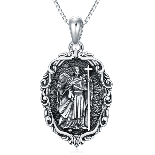 Sterling Silver Oval Shaped Saint Michael Pendant Necklace-0